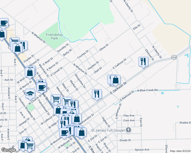 map of restaurants, bars, coffee shops, grocery stores, and more near 804 Otell Street in El Campo