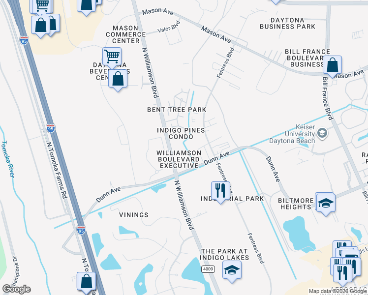 map of restaurants, bars, coffee shops, grocery stores, and more near 104 Lacosta Lane in Daytona Beach