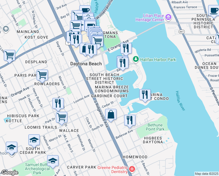 map of restaurants, bars, coffee shops, grocery stores, and more near 112 Gardiner Court in Daytona Beach