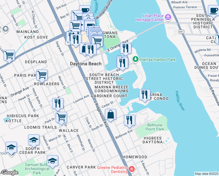 map of restaurants, bars, coffee shops, grocery stores, and more near 112 Gardiner Court in Daytona Beach