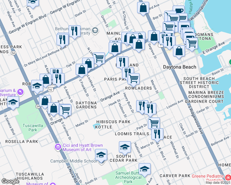 map of restaurants, bars, coffee shops, grocery stores, and more near 703 Orange Avenue in Daytona Beach