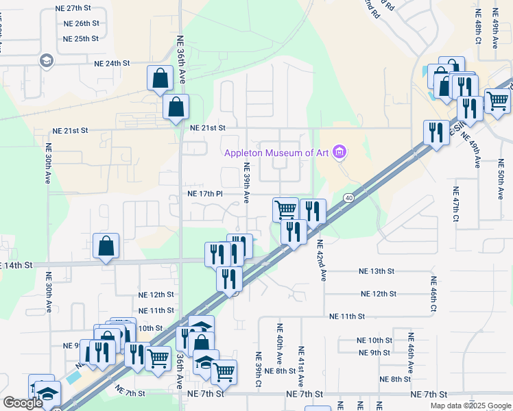 map of restaurants, bars, coffee shops, grocery stores, and more near 1637 Northeast 39th Avenue in Ocala