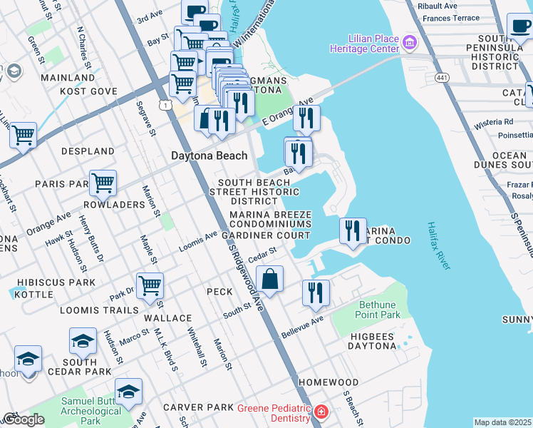 map of restaurants, bars, coffee shops, grocery stores, and more near 500 South Beach Street in Daytona Beach