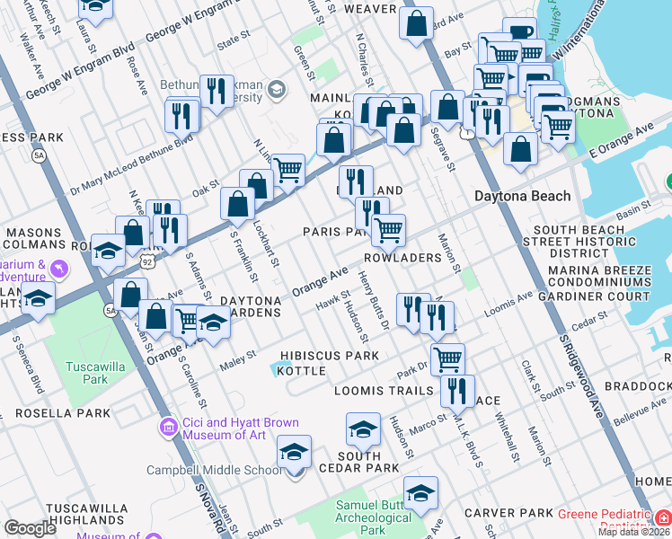 map of restaurants, bars, coffee shops, grocery stores, and more near 703 Orange Avenue in Daytona Beach