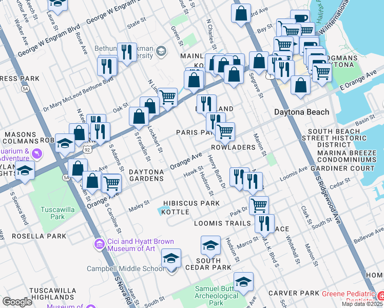 map of restaurants, bars, coffee shops, grocery stores, and more near 703 Orange Avenue in Daytona Beach