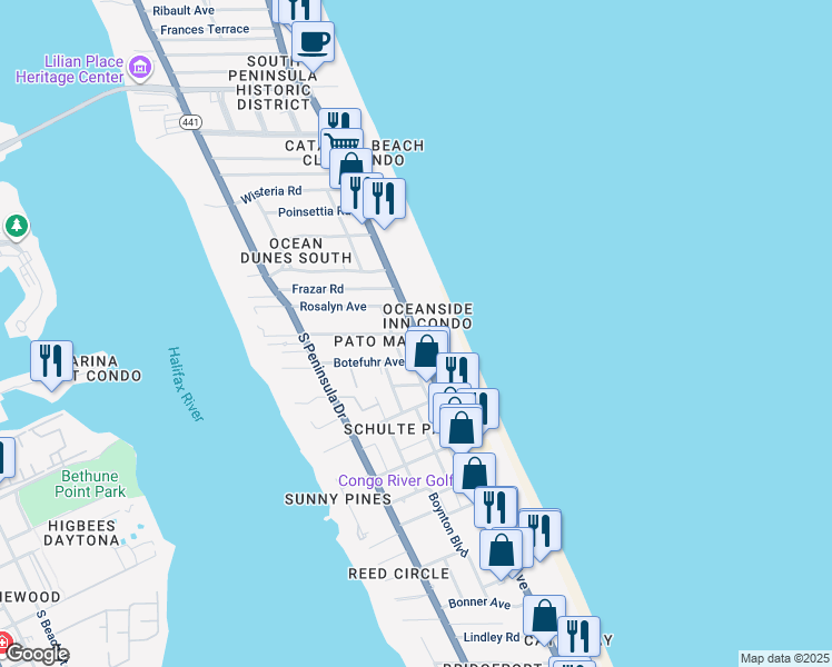 map of restaurants, bars, coffee shops, grocery stores, and more near 1921 South Atlantic Avenue in Daytona Beach Shores