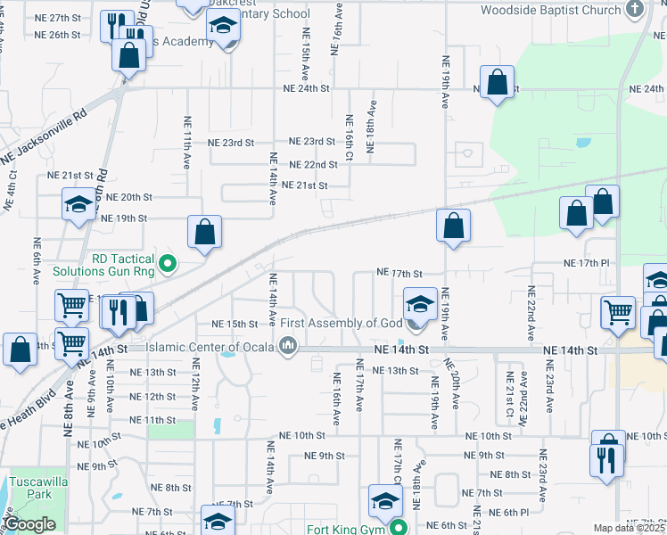 map of restaurants, bars, coffee shops, grocery stores, and more near 1673 Northeast 16th Avenue in Ocala
