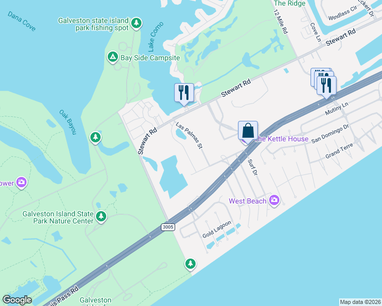 map of restaurants, bars, coffee shops, grocery stores, and more near 3918 El Lago Street in Galveston