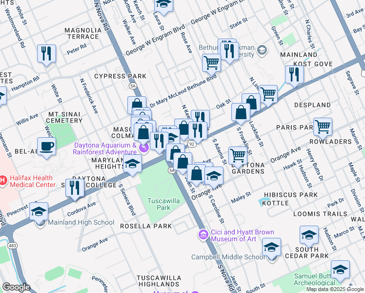 map of restaurants, bars, coffee shops, grocery stores, and more near 940 West International Speedway Boulevard in Daytona Beach
