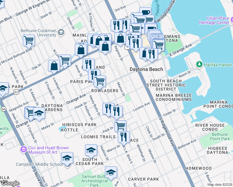 map of restaurants, bars, coffee shops, grocery stores, and more near 350 Maple Street in Daytona Beach