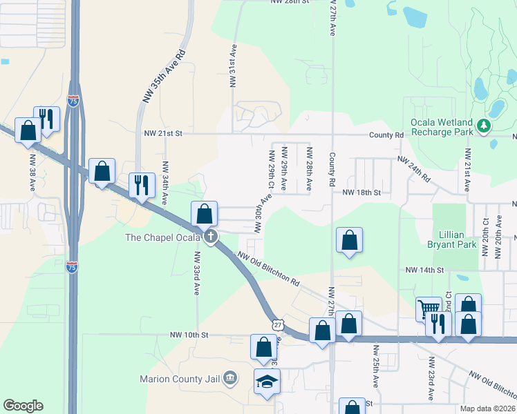 map of restaurants, bars, coffee shops, grocery stores, and more near 1700 Northwest 30th Avenue in Ocala