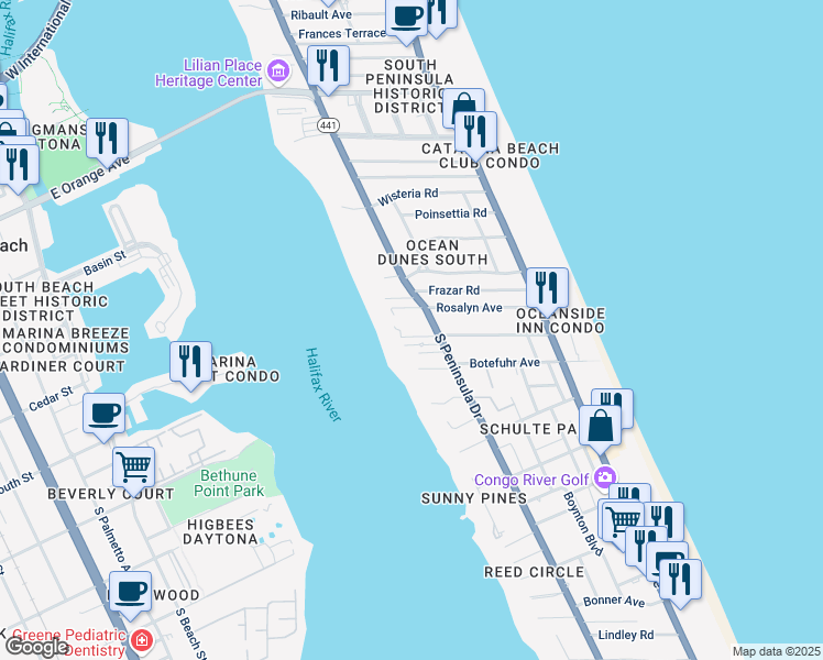 map of restaurants, bars, coffee shops, grocery stores, and more near 2000 South Peninsula Drive in Daytona Beach