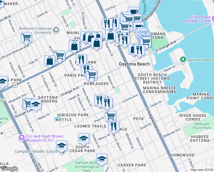 map of restaurants, bars, coffee shops, grocery stores, and more near 350 Maple Street in Daytona Beach