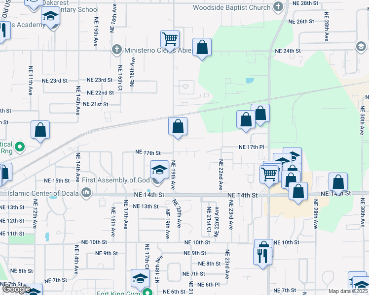 map of restaurants, bars, coffee shops, grocery stores, and more near 1940 Northeast 17th Place in Ocala