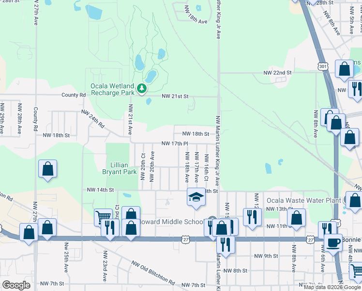 map of restaurants, bars, coffee shops, grocery stores, and more near 1705 Northwest 18th Avenue in Ocala