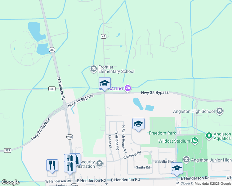 map of restaurants, bars, coffee shops, grocery stores, and more near 3400 North Valderas Street in Angleton