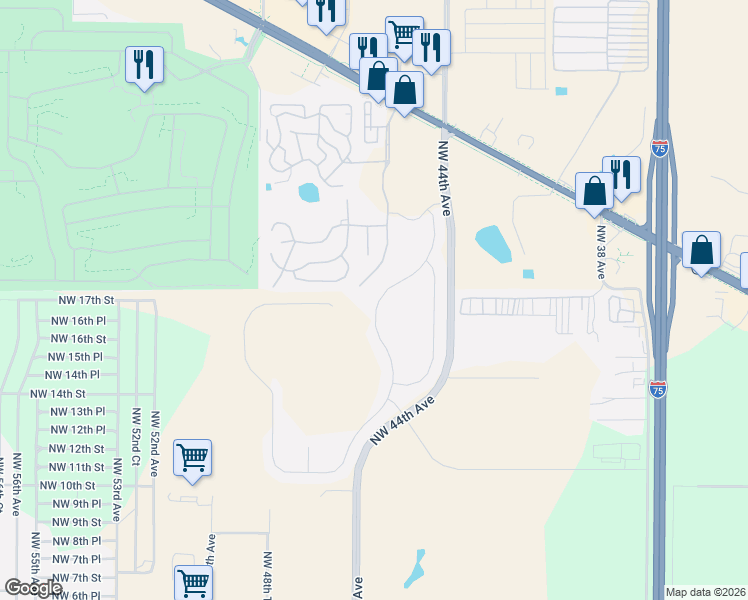 map of restaurants, bars, coffee shops, grocery stores, and more near 45th Terrace in Ocala