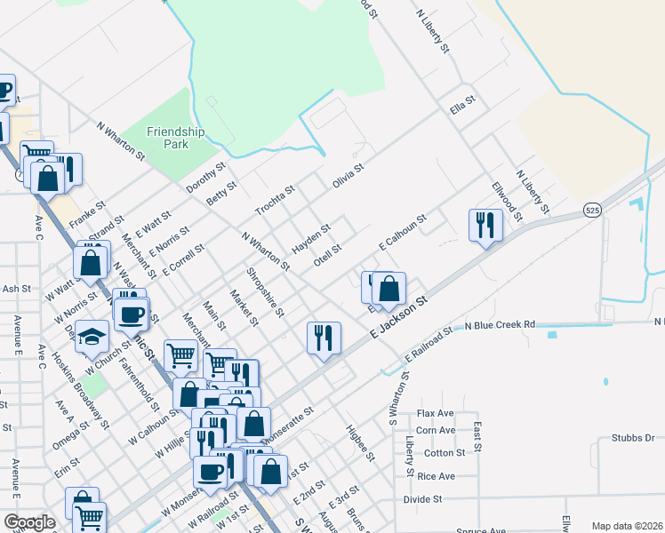 map of restaurants, bars, coffee shops, grocery stores, and more near 1001 Otell Street in El Campo