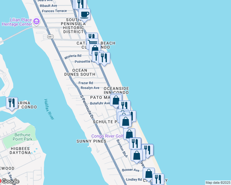 map of restaurants, bars, coffee shops, grocery stores, and more near 1903 South Atlantic Avenue in Daytona Beach