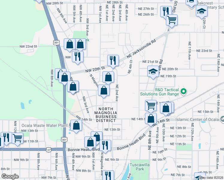 map of restaurants, bars, coffee shops, grocery stores, and more near 1759 Northeast Jacksonville Road in Ocala