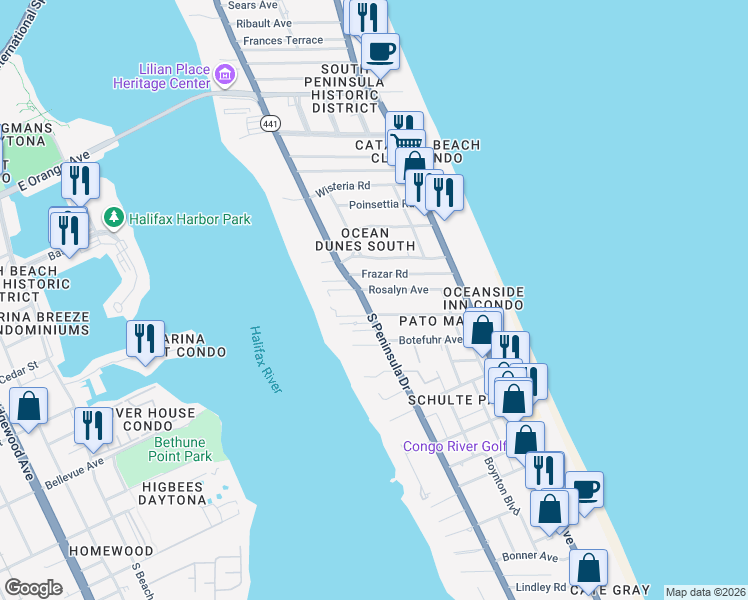 map of restaurants, bars, coffee shops, grocery stores, and more near 1915 South Peninsula Drive in Daytona Beach