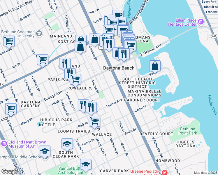 map of restaurants, bars, coffee shops, grocery stores, and more near Live Oak Avenue in Daytona Beach