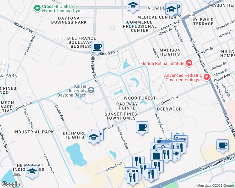 map of restaurants, bars, coffee shops, grocery stores, and more near 601 Bill France Boulevard in Daytona Beach