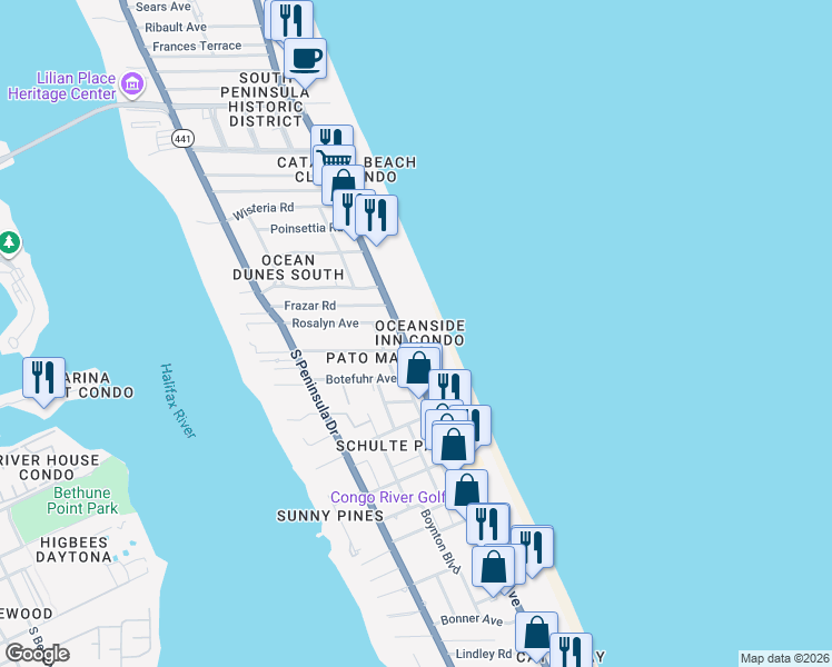 map of restaurants, bars, coffee shops, grocery stores, and more near 1903 South Atlantic Avenue in Daytona Beach