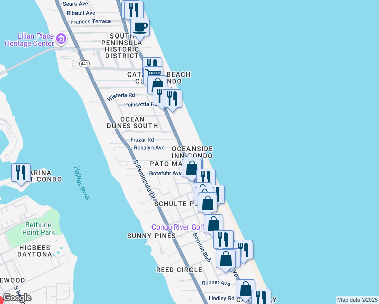 map of restaurants, bars, coffee shops, grocery stores, and more near 1909 South Atlantic Avenue in Daytona Beach