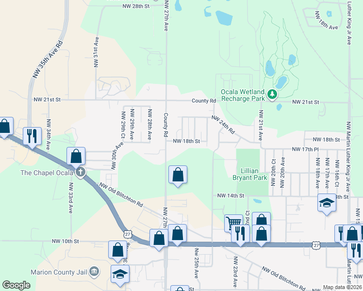 map of restaurants, bars, coffee shops, grocery stores, and more near 2600 Northwest 18th Street in Ocala