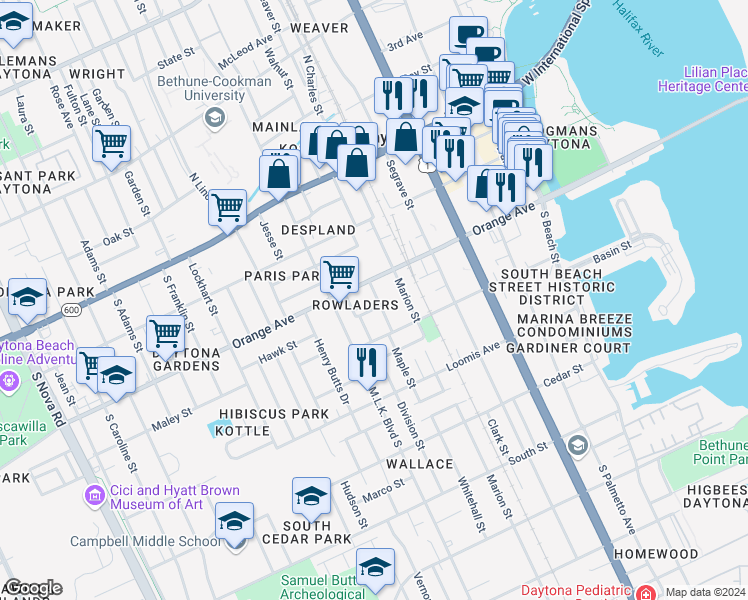 map of restaurants, bars, coffee shops, grocery stores, and more near 529 Orange Avenue in Daytona Beach
