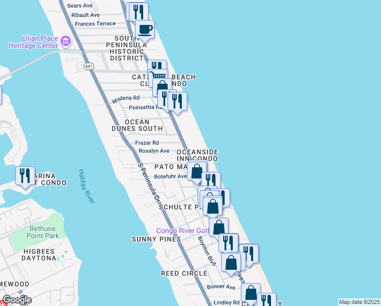 map of restaurants, bars, coffee shops, grocery stores, and more near 1903 South Atlantic Avenue in Daytona Beach