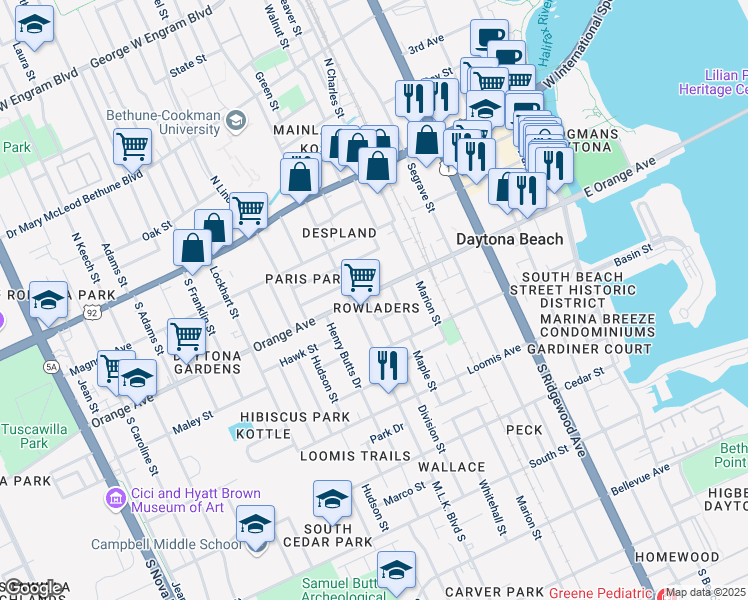 map of restaurants, bars, coffee shops, grocery stores, and more near 555 Orange Avenue in Daytona Beach