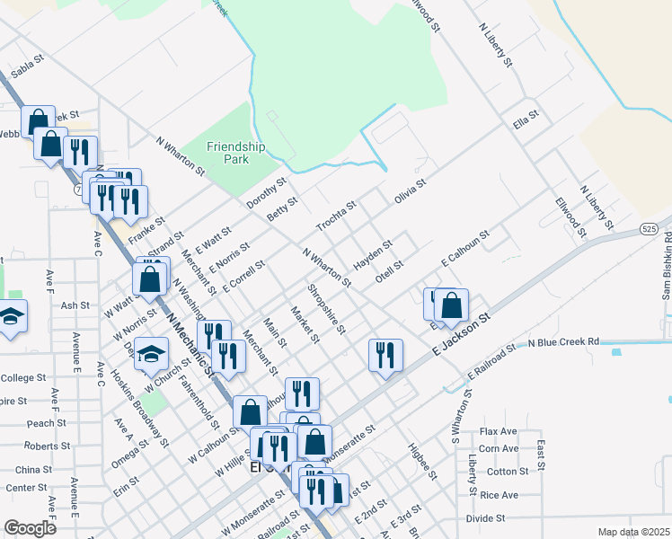 map of restaurants, bars, coffee shops, grocery stores, and more near 605 Mable Street in El Campo