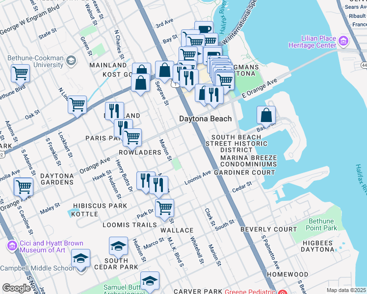 map of restaurants, bars, coffee shops, grocery stores, and more near 325 South Segrave Street in Daytona Beach