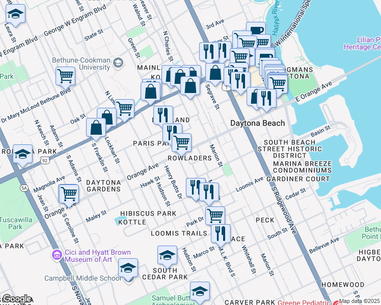 map of restaurants, bars, coffee shops, grocery stores, and more near 555 Orange Avenue in Daytona Beach