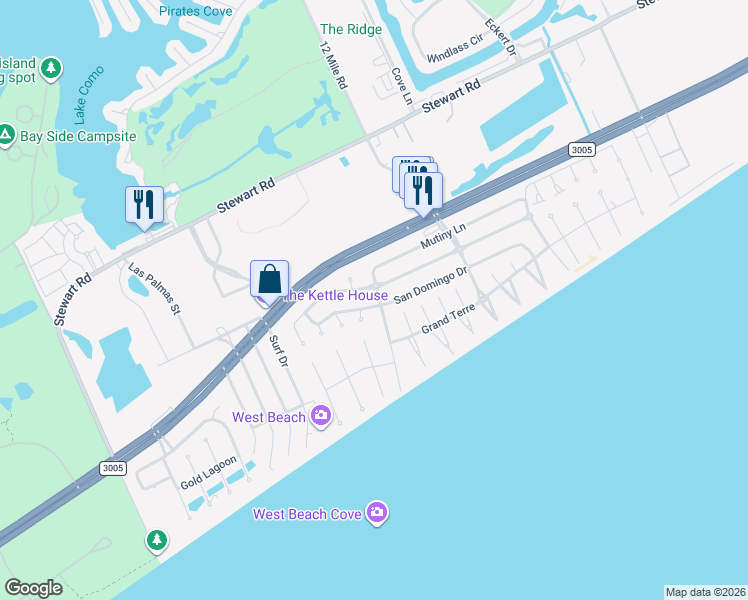 map of restaurants, bars, coffee shops, grocery stores, and more near 4029 Pirates Drive in Galveston