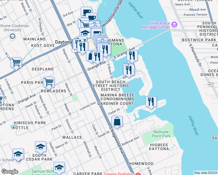 map of restaurants, bars, coffee shops, grocery stores, and more near 426 South Beach Street in Daytona Beach