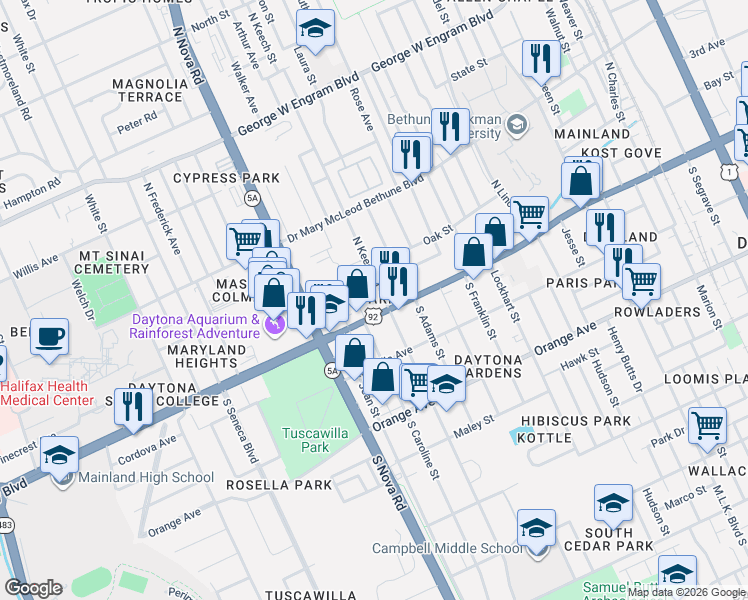 map of restaurants, bars, coffee shops, grocery stores, and more near 116 North Keech Street in Daytona Beach