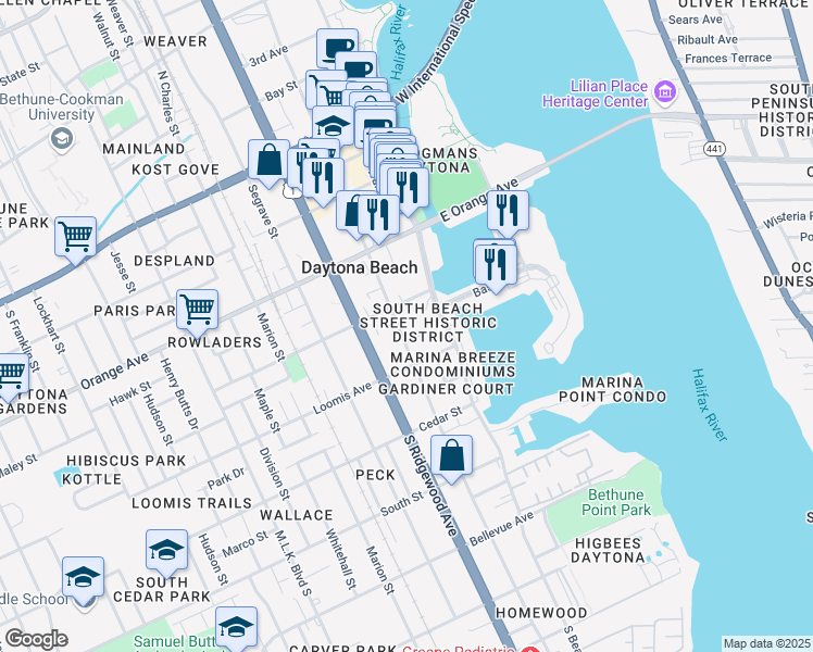 map of restaurants, bars, coffee shops, grocery stores, and more near 417 South Palmetto Avenue in Daytona Beach