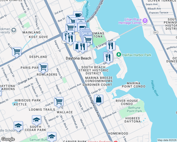 map of restaurants, bars, coffee shops, grocery stores, and more near 417 South Palmetto Avenue in Daytona Beach