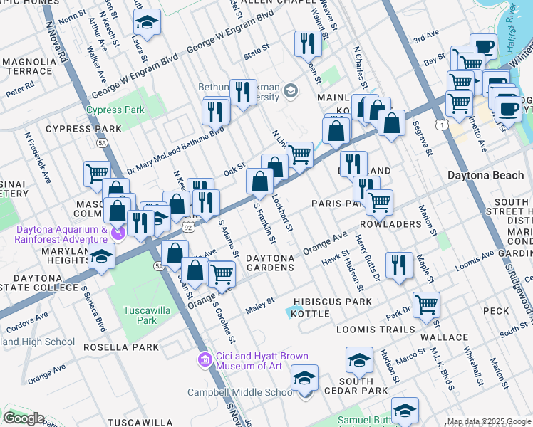 map of restaurants, bars, coffee shops, grocery stores, and more near 129 South Franklin Street in Daytona Beach