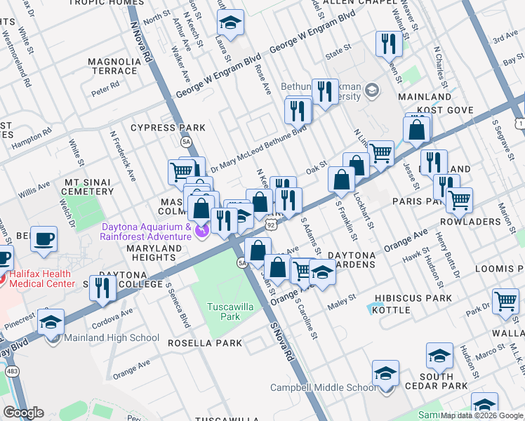 map of restaurants, bars, coffee shops, grocery stores, and more near 116 North Keech Street in Daytona Beach