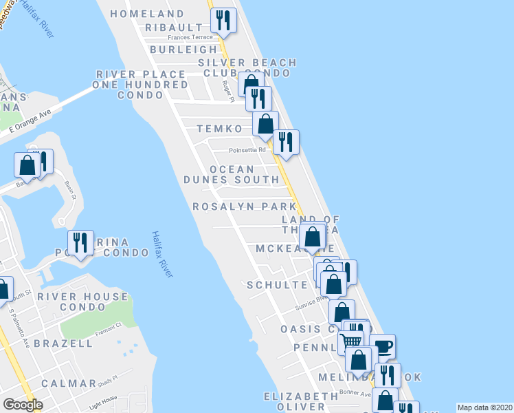 map of restaurants, bars, coffee shops, grocery stores, and more near 121 Rosalyn Avenue in Daytona Beach
