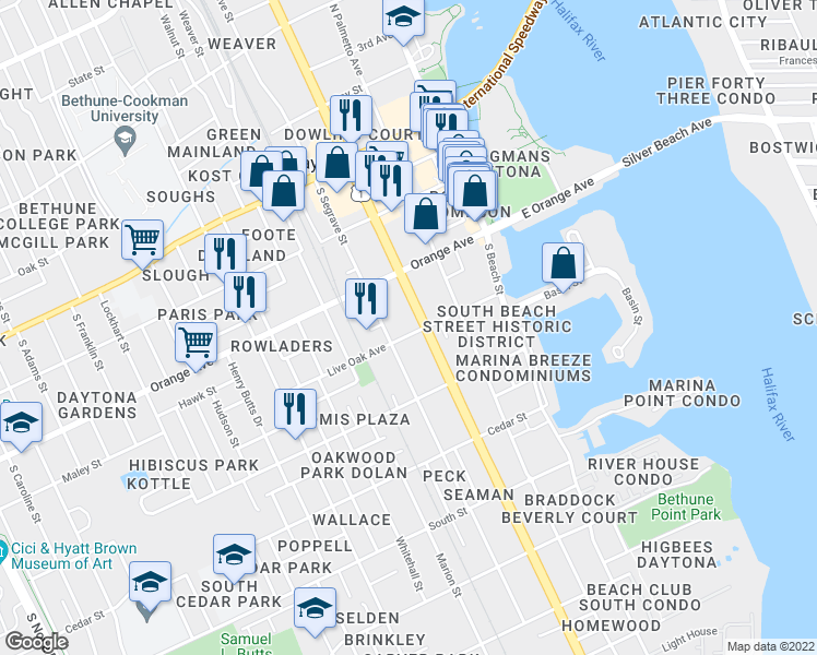 map of restaurants, bars, coffee shops, grocery stores, and more near 340 South Ridgewood Avenue in Daytona Beach