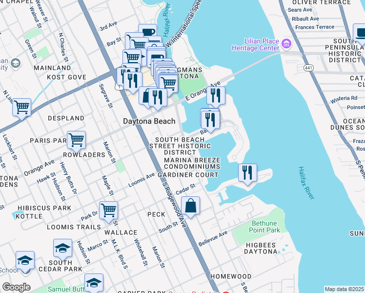 map of restaurants, bars, coffee shops, grocery stores, and more near 426 South Beach Street in Daytona Beach