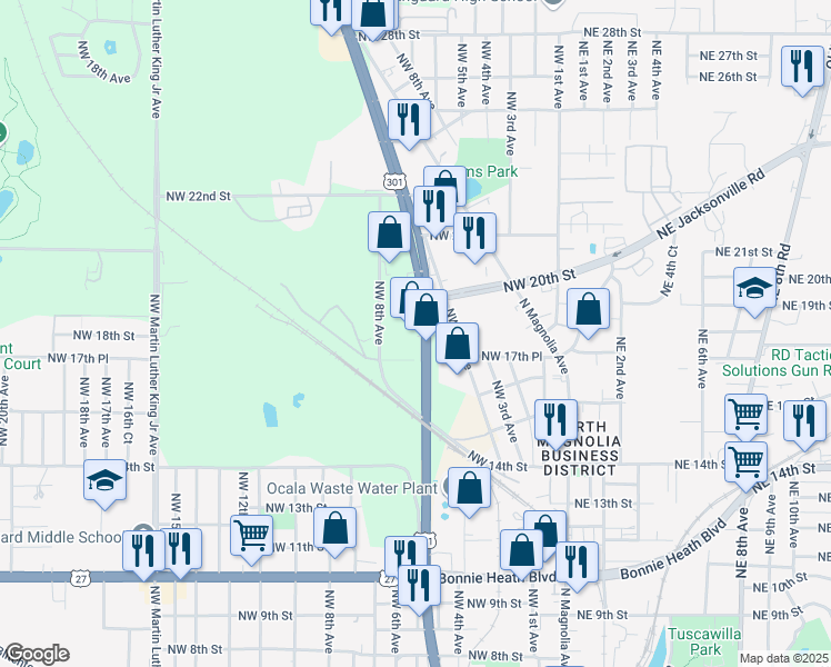 map of restaurants, bars, coffee shops, grocery stores, and more near 1734 Florida 200 in Ocala