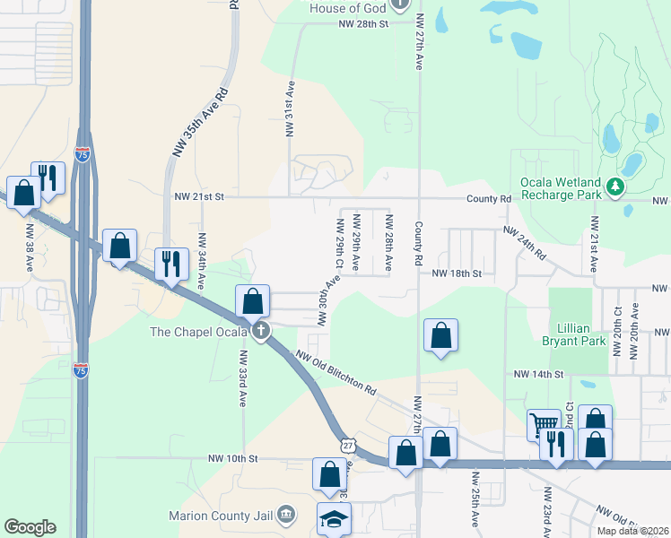 map of restaurants, bars, coffee shops, grocery stores, and more near 1700-1798 Northwest 30th Avenue in Ocala