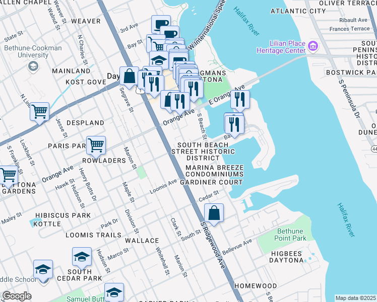 map of restaurants, bars, coffee shops, grocery stores, and more near 417 South Palmetto Avenue in Daytona Beach