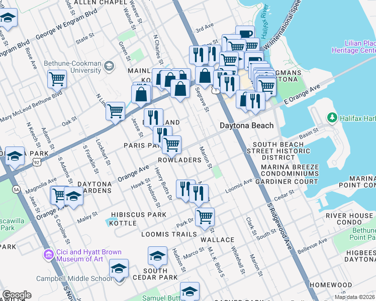 map of restaurants, bars, coffee shops, grocery stores, and more near 529 Orange Avenue in Daytona Beach